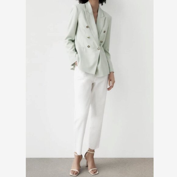Zara Double Breasted Blazer Light Green Jacket - Picture 5 of 8